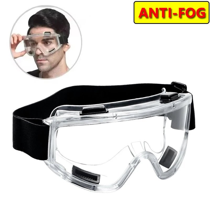 Black safety antifog protective goggles with anti-splash and windproof features, suitable for industrial, lab, cycling, and riding use.