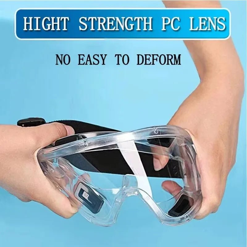 Black antifog safety goggles with clear lenses, wind-proof and anti-splash protection, suitable for industrial, lab, and cycling use.