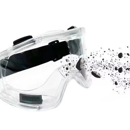 Black safety antifog protective goggles with clear lenses, wind-proof and anti-splash for industrial, lab, cycling, and riding use.