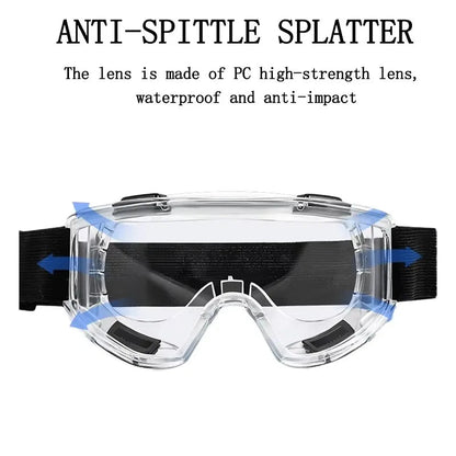 Black safety antifog protective goggles with clear lenses, wind-proof and anti-splash for industrial, lab, cycling, and riding use.
