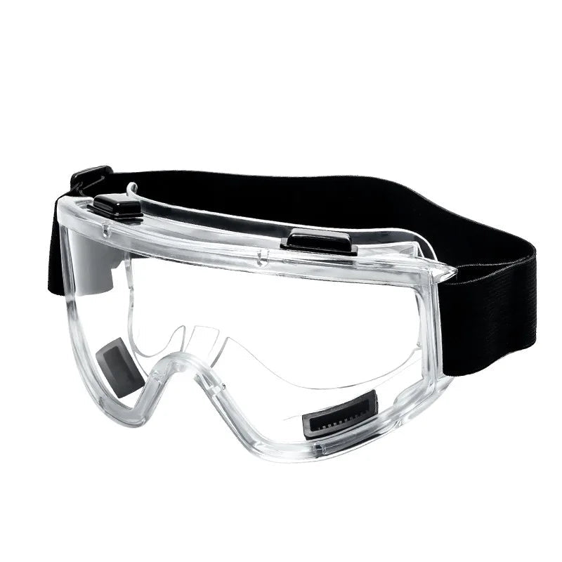 Black safety antifog protective goggles with clear lenses, wind-proof, anti-splash, ideal for industrial, lab, cycling, and riding activities.