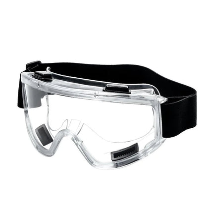 Black safety antifog protective goggles with clear lenses, wind-proof, anti-splash, ideal for industrial, lab, cycling, and riding activities.