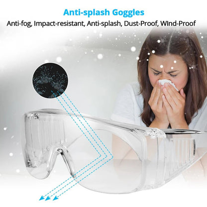 Black safety goggles with clear lens, anti-splash dust-proof work eyewear for industrial and lab eye protection.