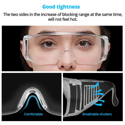 Black safety goggles with clear lens, anti-splash dust-proof eye protection for industrial lab work and research safety.