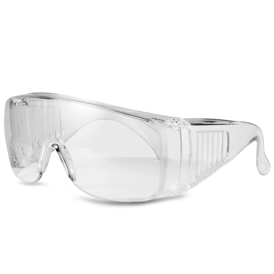 Black safety goggles with clear lenses, anti-splash and dust-proof industrial eye protection for lab and research work.
