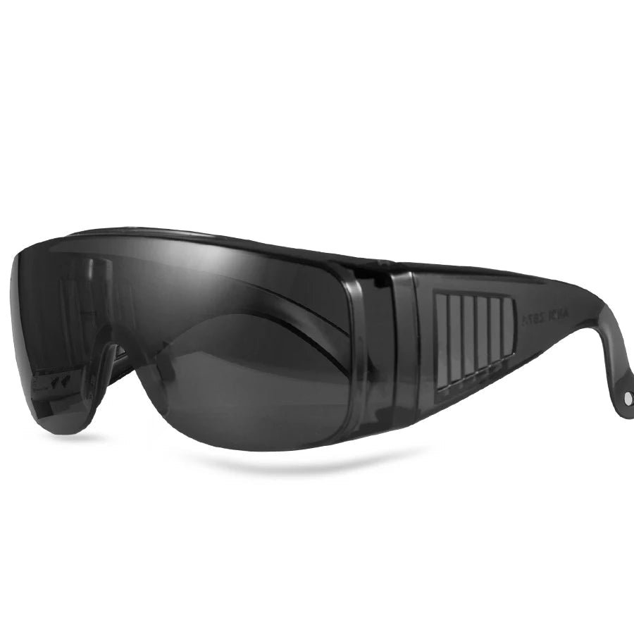 Black safety goggles with clear lens, anti-splash dust-proof protective eyewear for industrial and lab safety.