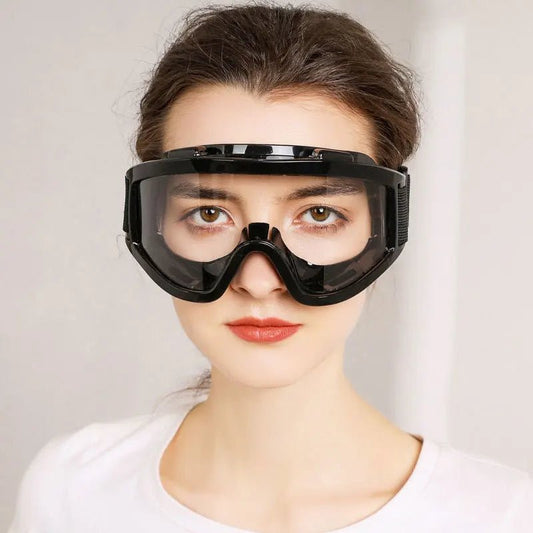 Transparent safety goggles with large frame, anti-impact and anti-dust protection, suitable for outdoor riding and protective use.
