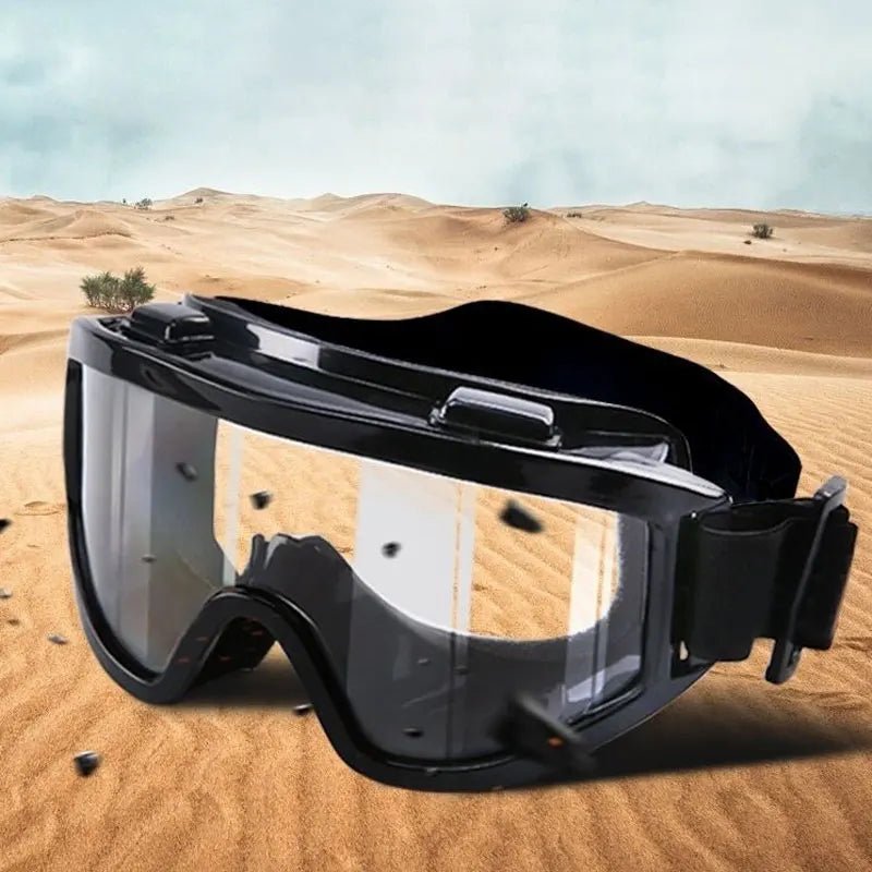BACKUPMYFILESNOW.COM® safety goggles with transparent anti-impact and anti-dust lenses, large frame for outdoor riding protection.