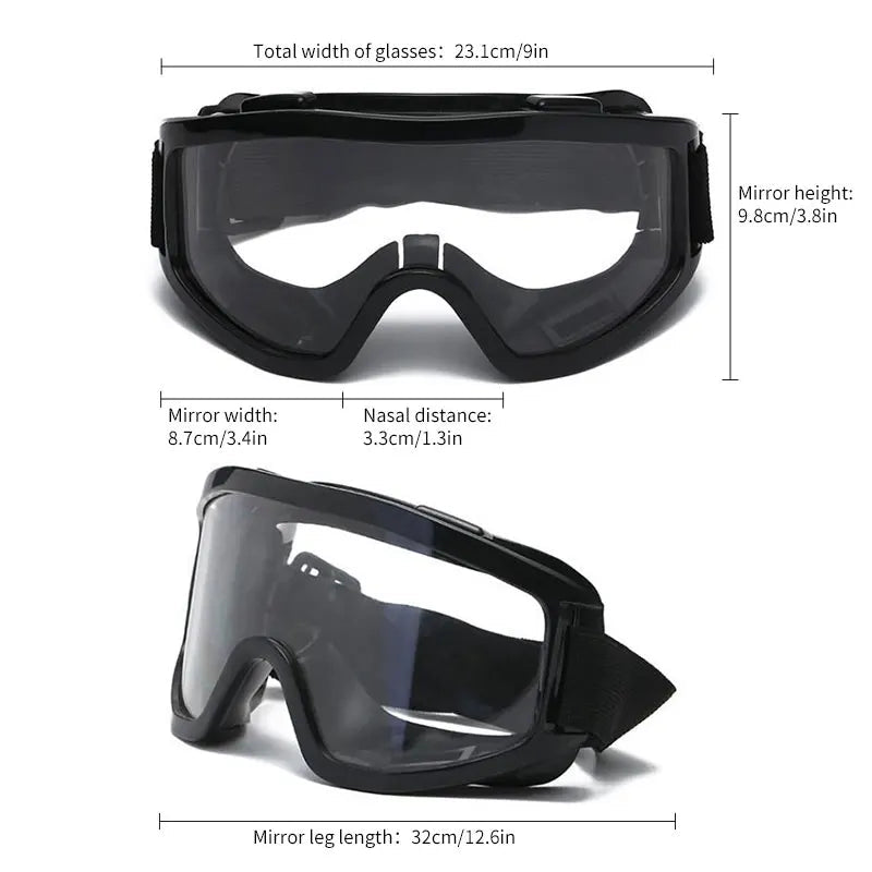 Transparent safety goggles with soft large frame, anti-impact and dust protection, ideal for outdoor riding and protective use.