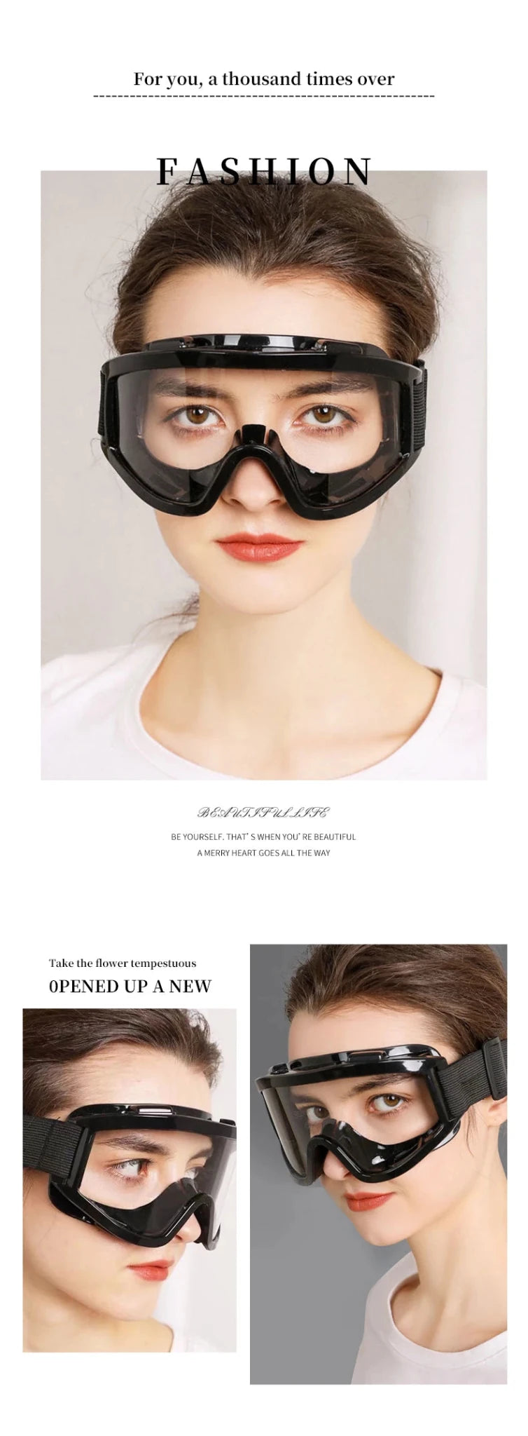 Black safety goggles with clear lenses, large frame, anti-impact and anti-dust protective glasses for outdoor riding.