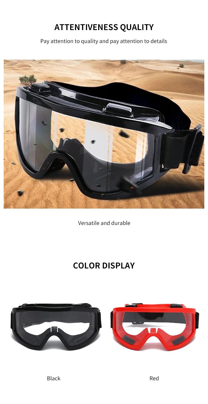 BackupMyFileSNOW® black safety goggles with transparent protective lenses, anti-impact, anti-dust, and large frame for outdoor riding.