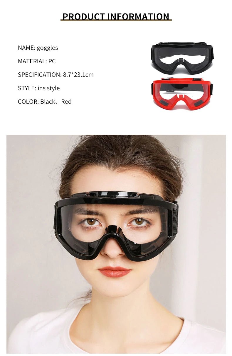 Transparent safety goggles with a large frame, anti-impact and anti-dust protection, designed for outdoor riding and safety.