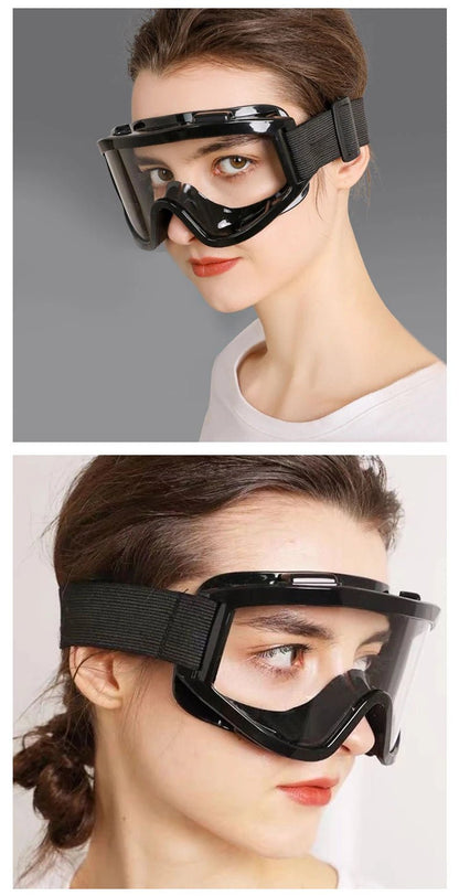 Transparent safety goggles with soft large frame, anti-impact and anti-dust protection, suitable for outdoor riding activities.