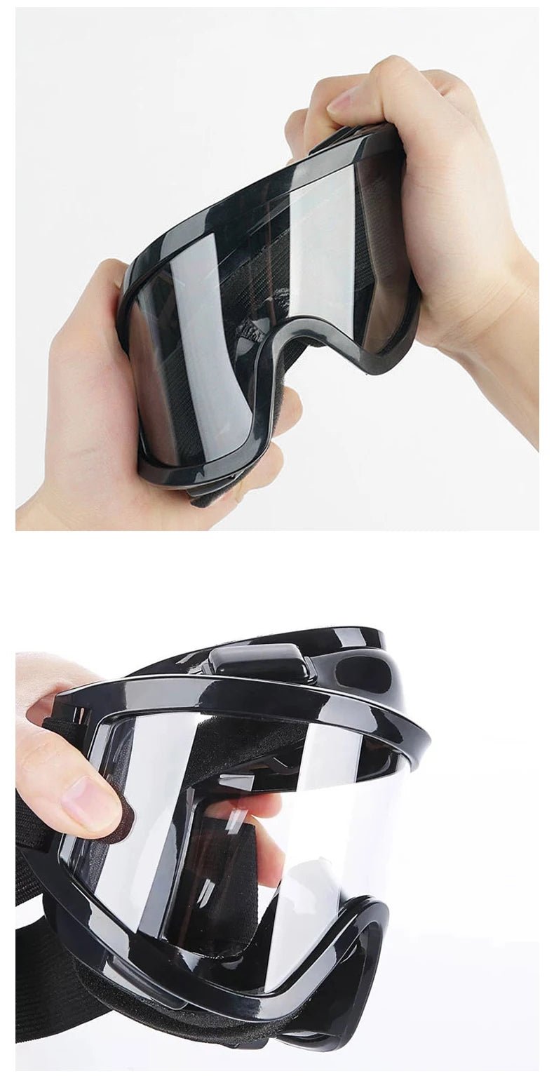 Transparent safety goggles with a large frame, anti-impact and anti-dust protection, suitable for outdoor riding.