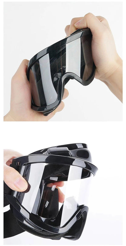 Transparent safety goggles with a large frame, anti-impact and anti-dust protection, suitable for outdoor riding.
