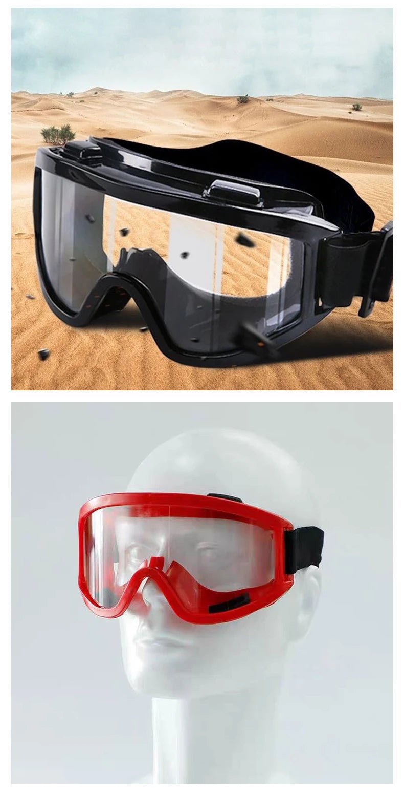 Transparent safety goggles from BACKUPMYFILESNOW.COM® with large frame, anti-impact and anti-dust protection for outdoor riding.
