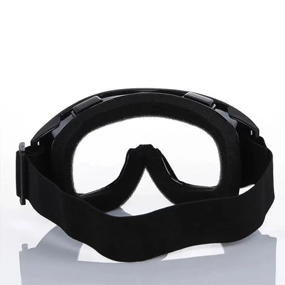Black safety goggles from BACKUPMYFILESNOW.COM® with transparent lenses, anti-impact, anti-dust protection, large frame for outdoor riding.