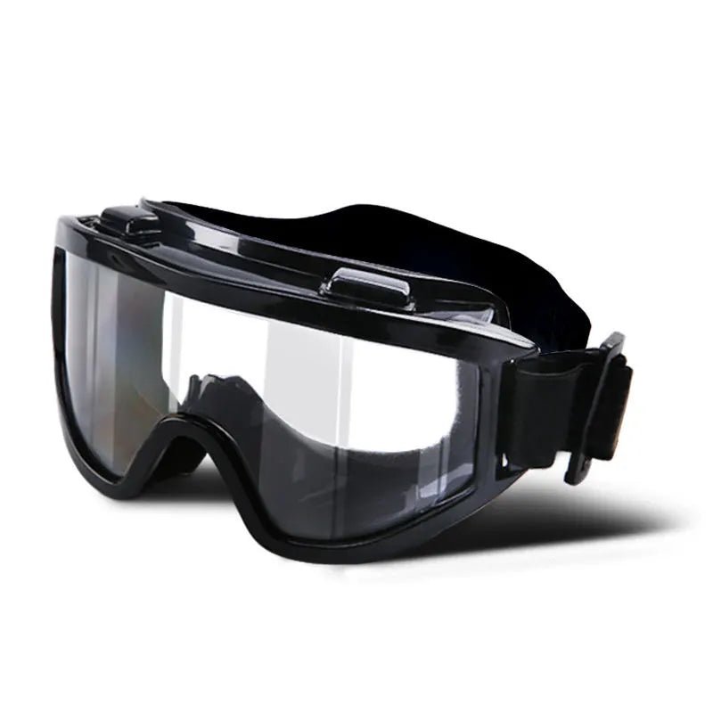 Black safety goggles with anti-impact and anti-dust transparent protective lenses, large frame for outdoor riding safety.