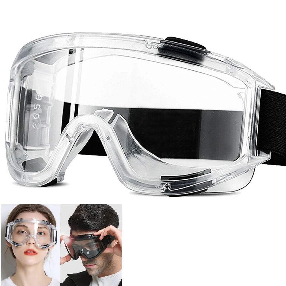 Black safety goggles with anti-splash dust-proof lenses and adjustable straps, designed for lab work and eye protection for men and women.