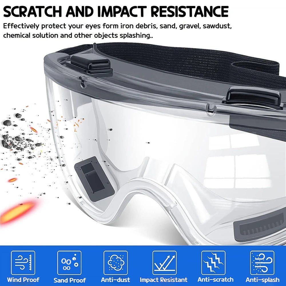 Black safety goggles with anti-splash dust-proof design, adjustable strap, and clear lenses for lab and work eye protection.