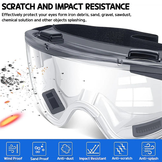 Black safety goggles with anti-splash dust-proof design, adjustable strap, and clear lenses for lab and work eye protection.