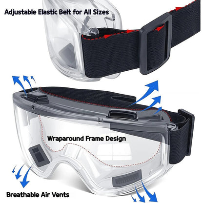 Black safety goggles with anti-splash dust-proof design, adjustable strap, and clear eye protection for lab work by BACKUPMYFILESNOW.COM®