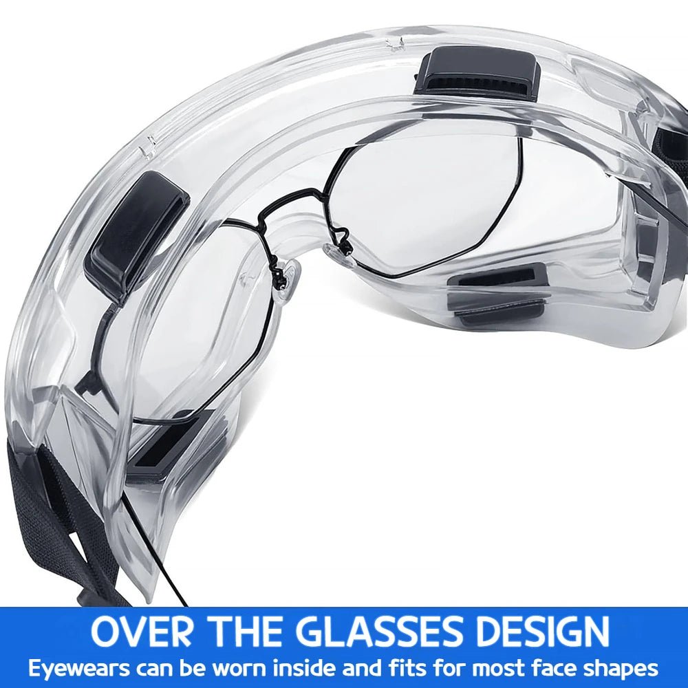 Black safety goggles by BACKUPMYFILESNOW.COM® with anti-splash dust-proof lenses and adjustable fit for lab work and eye protection.