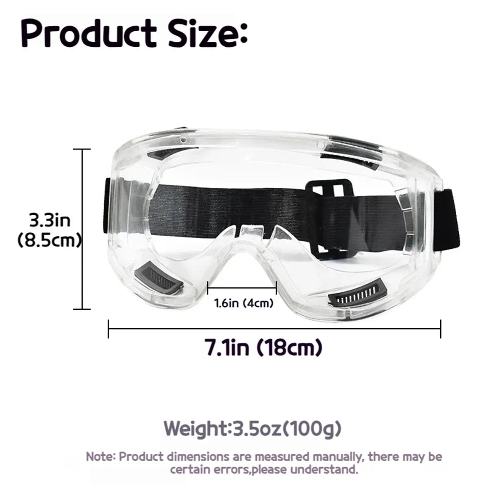 Black safety goggles with anti-splash dust-proof lenses, adjustable fit, designed for lab work and eye protection for women and men.