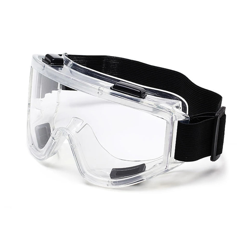 Black safety goggles with anti-splash dust-proof design, adjustable strap, and clear lenses for lab and work eye protection.