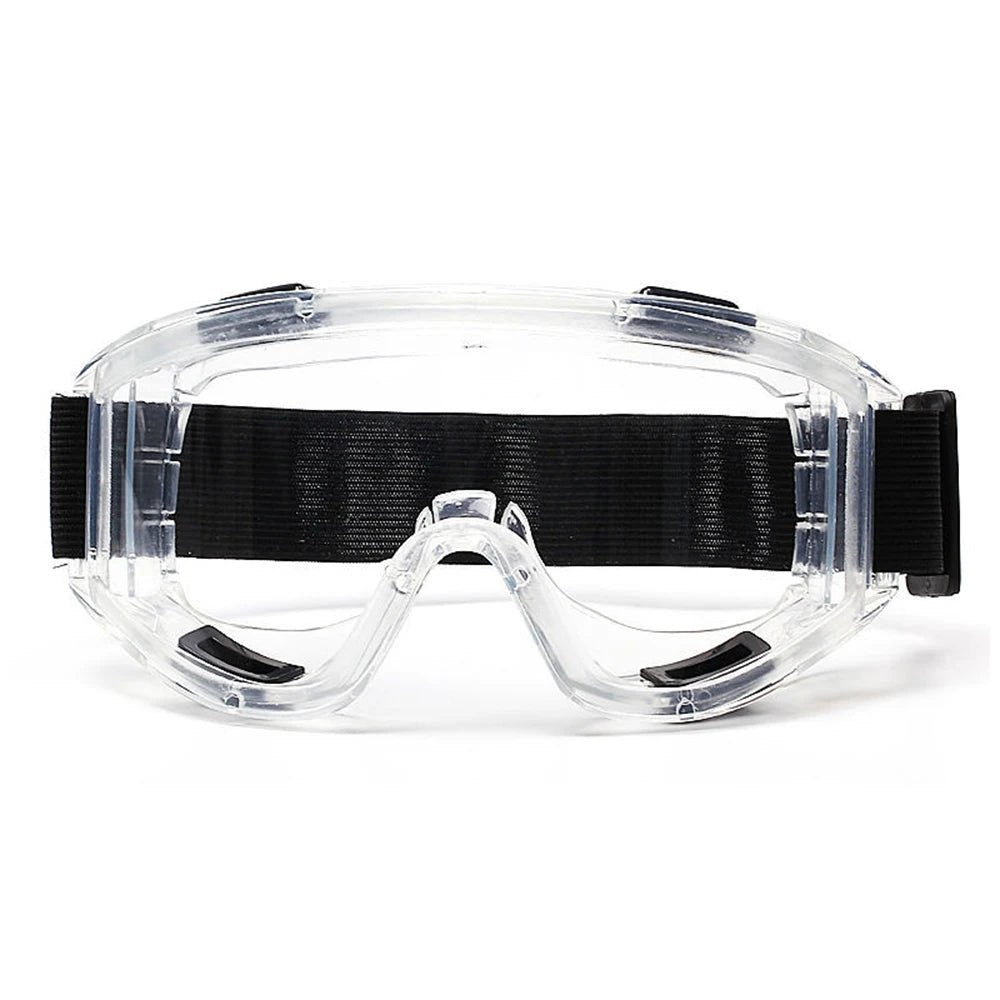 Black safety goggles with anti-splash dust-proof design, adjustable strap, and clear eye protection for lab work by BACKUPMYFILESNOW.COM®