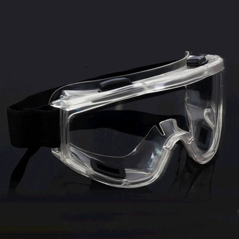 Black safety goggles with anti-splash dust-proof lenses and adjustable strap, designed for lab work and eye protection for men and women.