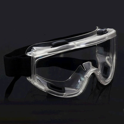 Black safety goggles with anti-splash dust-proof lenses and adjustable strap, designed for lab work and eye protection for men and women.