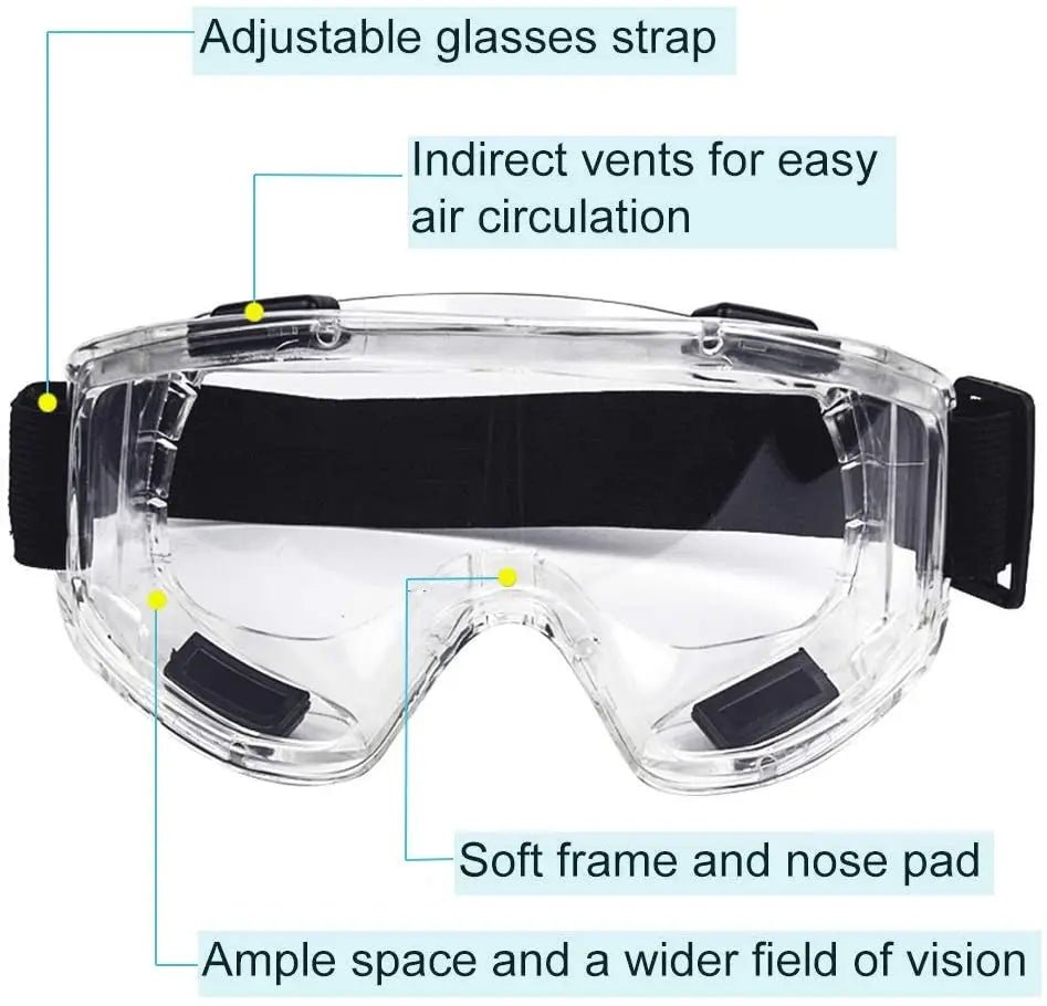 Black safety goggles with anti-splash dust-proof lenses and adjustable strap, designed for lab work and eye protection for men and women.