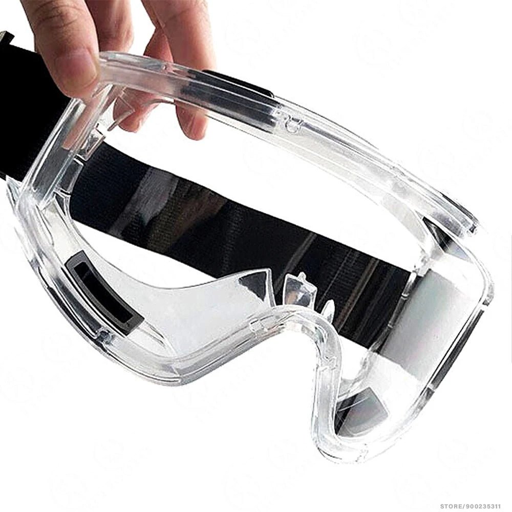 Black safety goggles with anti-splash dust-proof design, adjustable for women and men, providing protective eye wear for lab and work environments.
