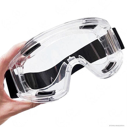 Black safety goggles by BACKUPMYFILESNOW.COM® with anti-splash, dust-proof lenses, adjustable for women and men, ideal for lab work.