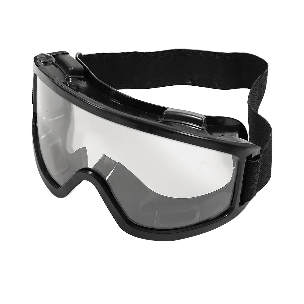 Black safety goggles with anti-splash dust-proof design, adjustable fit, suitable for lab work and eye protection for women and men.