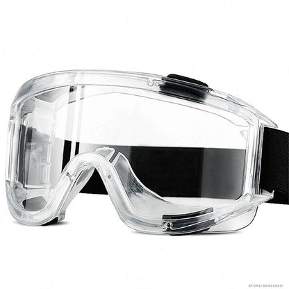 Black safety goggles with anti-splash dust-proof design, adjustable strap, protective eyewear for lab work, suitable for women and men.