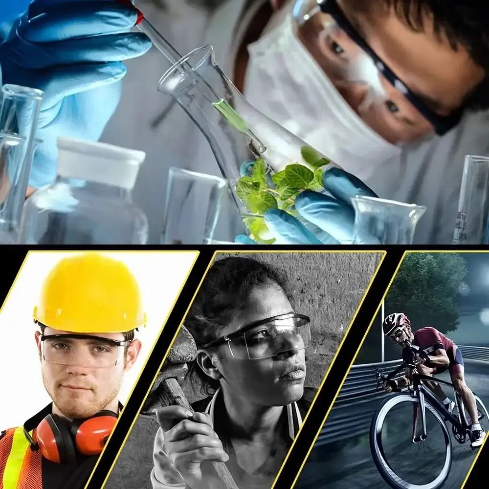Black safety goggles with dust-proof, anti-splash lenses, windproof design, suitable for outdoor sports and cycling, unisex.