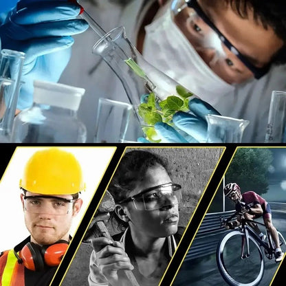 Black safety goggles with dust-proof, anti-splash lenses, windproof design, suitable for outdoor sports and cycling, unisex.