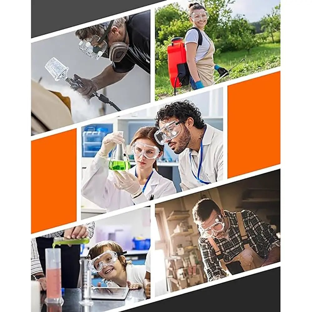 Clear safety goggles by BACKUPMYFILESNOW.COM® fit over glasses, featuring anti-fog lenses and protective lab eyewear for chemistry safety.