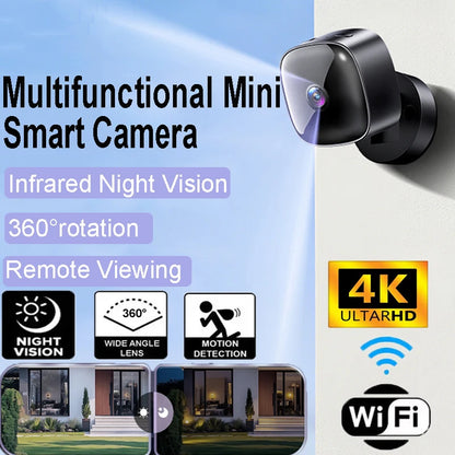 Black 4K wireless security camera with night vision, infrared surveillance, and remote monitoring for home security.