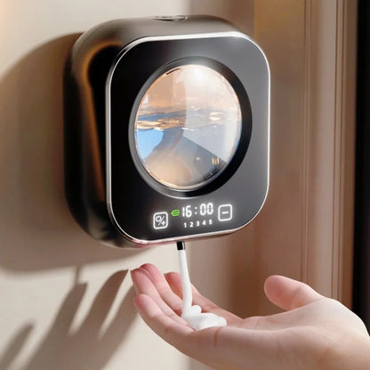 Black sensor-operated hand sanitizer dispenser with USB charging, battery, and digital time display, compatible with foam and liquid sanitizer.