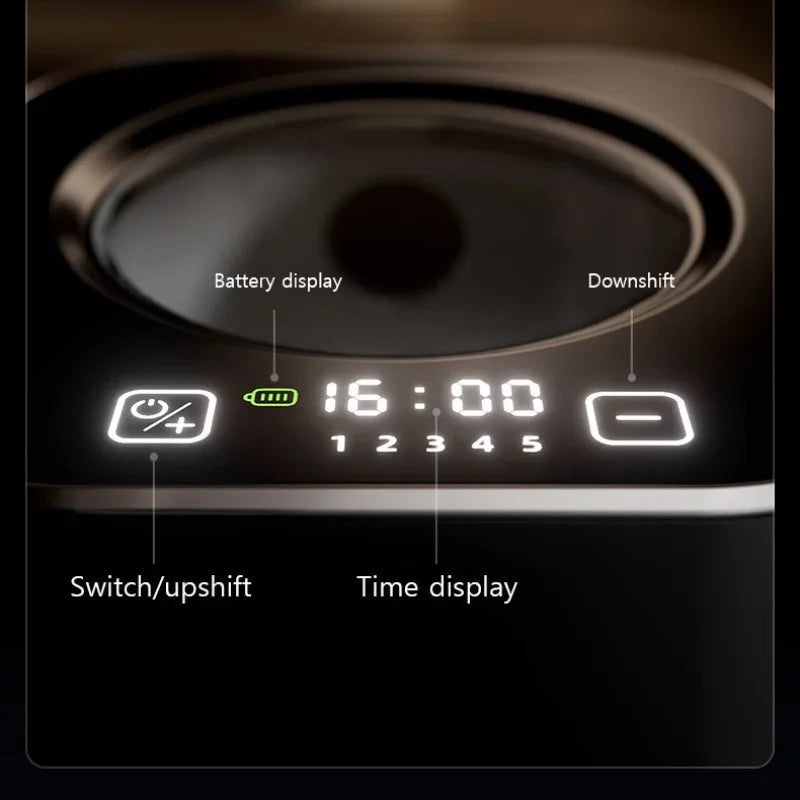 Black sensor-operated hand sanitizer dispenser with USB charging, battery, and digital time display for foam or liquid sanitizer.