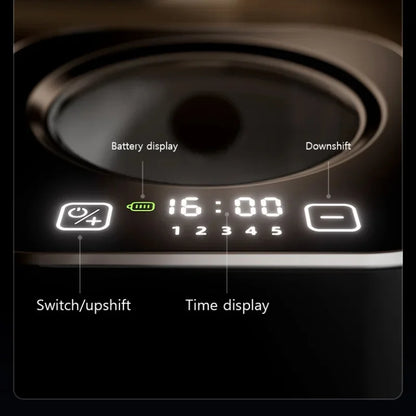 Black sensor-operated hand sanitizer dispenser with USB charging, battery, and digital time display for foam or liquid sanitizer.