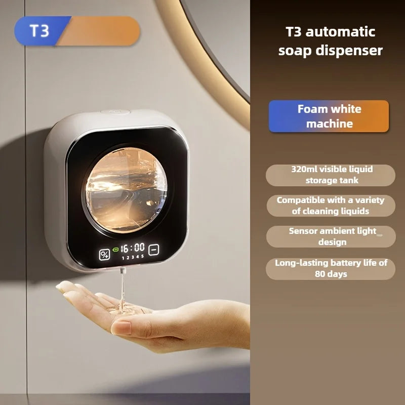 Black sensor-operated hand sanitizer dispenser with USB charging, battery, and time display, compatible with foam and liquid sanitizer.