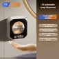 Black sensor-operated hand sanitizer dispenser with USB charging, battery, and time display, compatible with foam and liquid sanitizer.
