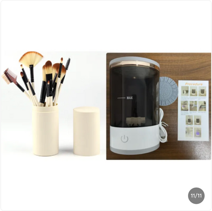 Black rechargeable makeup brush cleaner by BackupMyFilesNow.com with multiple brush slots and digital control panel.