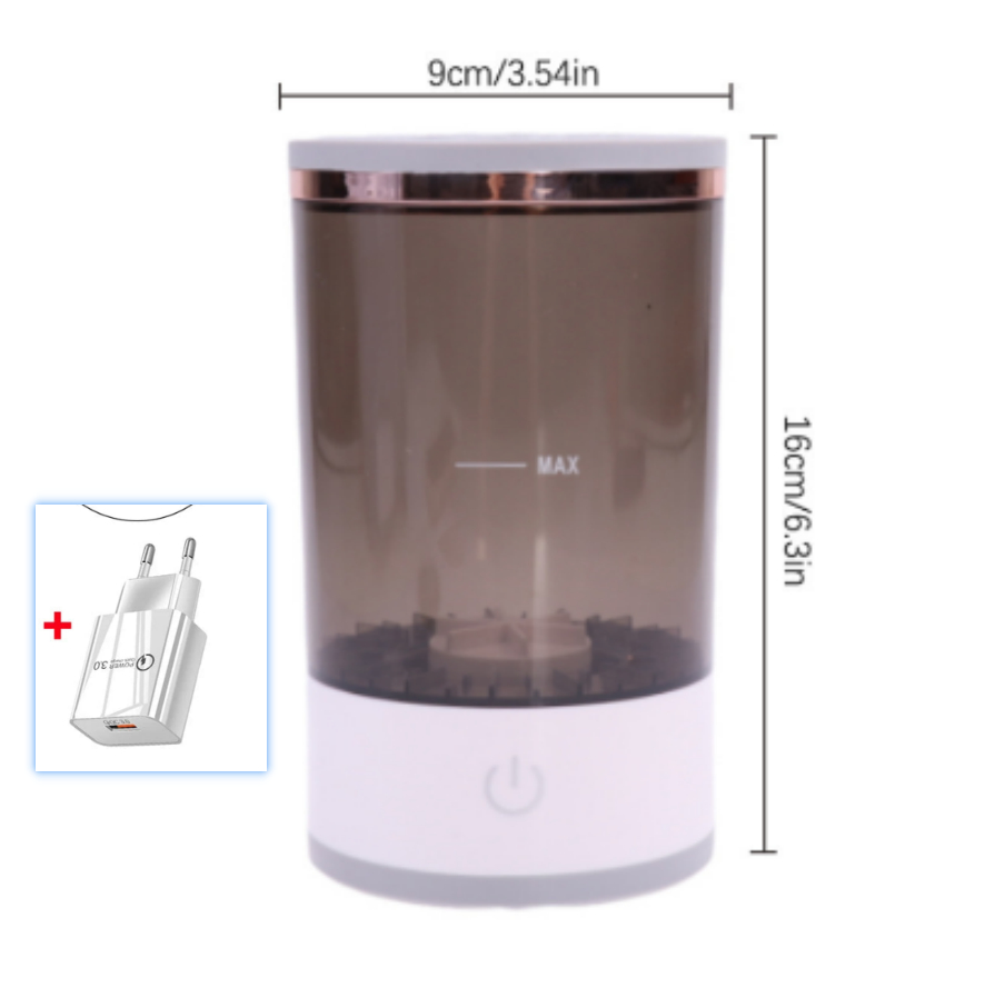 Black rechargeable makeup brush cleaner from BackupMyFilesNow.com with multiple cleaning attachments and digital display.