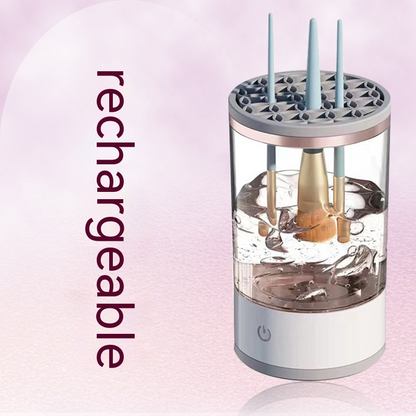 Black rechargeable makeup brush cleaner from BackupMyFilesNow.com, shown with brushes inside for cleaning and drying.
