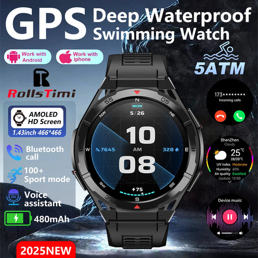 Black BackupMyFilesNow.com smart watch with 1.43-inch high-definition AMOLED screen, Bluetooth calls, GPS, and health monitoring features.